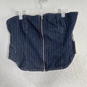 Forever 21 Y2K Denim Tube Top Womens M Dark Blue Pinstripe Zip Corset Bandeau